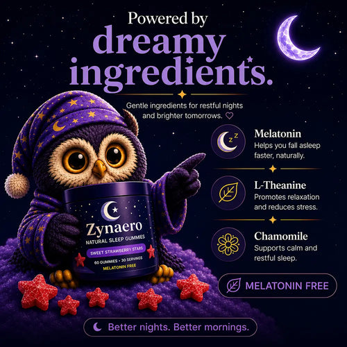 Zynaero Sleep Gummies key ingredients — 5-HTP, L-theanine, magnesium glycinate, valerian root and passionflower